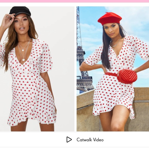 PrettyLittleThing Dresses & Skirts - PRETTYLITTLETHING White Heart Print Frill Detail Tea Dress